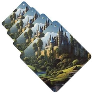 Auto luchtverfrissers 4 stuks opknoping geurkaarten hout en kasteel auto aromatherapie tabletten grappige geur opknoping plak achteruitkijkspiegel hanger voor auto interieur decor slaapkamer badkamer