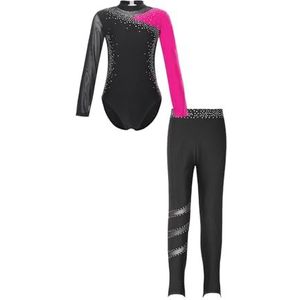 NUOYIXUAN Gymnastiekpak, glanzend yoga-tricot met leggings, balletdanspak voor kinderen, kunstschaatskostuum voor meisjes (hot pink zwart, kleur 13)