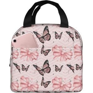 SUUNNY Vlinder roze print herbruikbare geïsoleerde lunchtas draagtas reizen lunch draagtas voor werk, picknick, camping