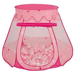 SELONIS Baby speeltent met plastic ballen, tent 105 x 90 cm / 200 ballen, plastic ballen voor kinderen, roze: poederroze, parelmoer, transparant