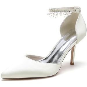 GHSIRUEU Dames Witte Satijn Hakken Stiletto Pompen Gesloten Puntige Teen Parel Enkelband Bruiloft Jurk Schoenen,ivoor,35 EU