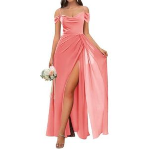 WSEYU Chiffon Bruidsmeisjes Jurken Spaghetti Bandjes Prom Jurken Koude Schouder Formele Avond Party Gown ZM202, Koraal, 32