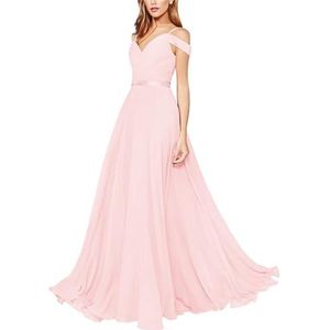 Off Shoulder Lange Bruidsmeisjes Jurken Chiffon A-lijn Geplooide Prom Jassen met Zakken YIAX220, roze, 34