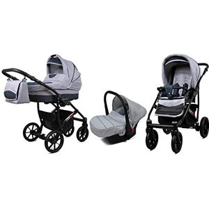 BabyLux Largo 3 in 1 Baby Reis Systeem Kinderwagen Autostoel Afneembare Regenhoes Voetenzak Dragende Wielen Pasgeborene tot Baby Silver Black Frame