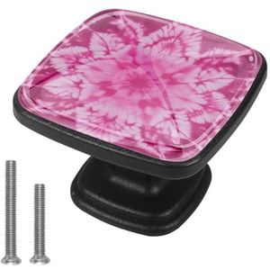 Decoratieve afgeronde vierkante kastknoppen, set van 4, zwarte handgrepen voor keuken, woonkamer, kasten, roze tie-dye