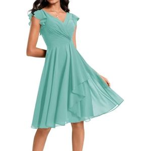 Korte bruidsmeisjesjurk voor dames, chiffon, V-hals, cocktailjurk, zakken, Turkoois, 46