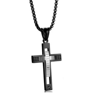 Dubbellaags Kruis Decoratief Patroon Hanger Ketting voor Mannen Religieuze Sieraden Roestvrij Staal Ketting 24''