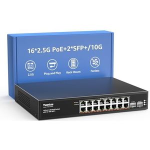 YuanLey 18-poorts 2.5G PoE-switch onbeheerd, 16 x 2,5 G Base-T PoE-poorten, 2 x 10G SFP+, IEEE802.3af/at, 250W, compatibel met 100/1000/2500Mbps, metalen behuizing, desktop-/rekmontage 2,5 Gbe