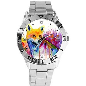 Fox Aquarel Schilderij Ontwerp Analoog Polshorloge Quartz Zilveren Wijzerplaat Klassieke Roestvrij Stalen Band Dames Heren Horloge