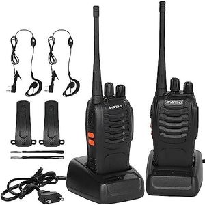 Walkie Talkie 16 kanalen CTCSS/DCS FM, 1500 MAh batterij, max. spreekbereik 5 km. Spreekbereik 5 km, professionele radio met handsfree-faciliteit.