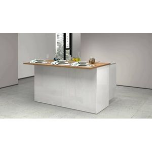 Dmora Isola Patrizio Hulptafel, keukenkast met 3 deuren, 100% Made in Italy, 155 x 90 x 90 cm, glanzend wit en eiken, lengte 155 cm