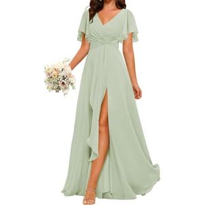 V-hals Prinses Bruidsmeisjes Jurken Flutter Mouwen Galajurken Chiffon Formele Avondfeestjurk met split, Sage Groen, 42