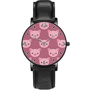 Leuke Cartoon Roze Varkens Klassieke Patroon Horloges Persoonlijkheid Business Casual Horloges Mannen Vrouwen Quartz Analoge Horloges, Zwart