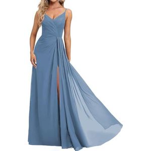 Prinses Bruidsmeisjes Jurken Spaghetti Bandjes Galajurken Chiffon Formele Avondfeest Maxi Jurk met Split ZM210, Staal Blauw, 32