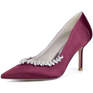 KYEGLO Satijnen Stiletto Met Gesloten Teen Voor Dames, Puntige Afstudeerschoenen Met Strass-Steentjes - Ideaal Voor Bruiloften En Werk,Burgundy,36 EU