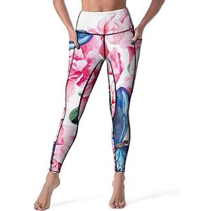 Roze Azalea En Blauwe Vlinders Vrouwen Yoga Broek Hoge Taille Leggings Buikcontrole Workout Running Leggings 2XL