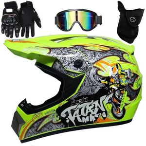 UIGJIOG Motorhelm Voor Kinderen, ATV Motorhelm DOT-Gecertificeerde Helm Met Veiligheidsbril Handschoenen, MTB-Helm Met Volledig Gezicht Inclusief Set Van 4 Maten,D