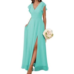 AHERKLL Bruidsmeisjesjurken met korte mouwen voor bruiloft ruches chiffon formele avondfeest maxi-jurk met steekzakken HAH059, Turkoois, 32