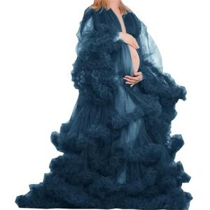Lange Mouw Geplooide Moederschap Tule Gewaad Voor Fotoshoot Zwangere Badjas Pure Lingerie Nachtjapon AH151, Donkerblauw, 36