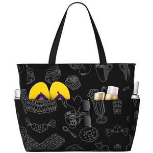 JEJEA Zwarte Afternoon Thee Print Tote Bag Grote Schouder Hobo Tassen Vrouwen Casual Handtassen Grote Capaciteit Winkelen Werk Tas, Zwart, Eén maat