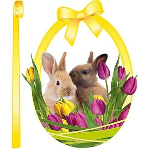 1art1 Pasen Bunnies In Nest With Tulips, Yellow Egg Poster-Sticker For Windows 34x30 cm