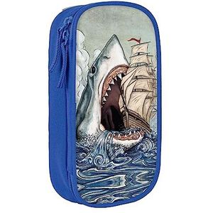 Cartoon Haai Eten Schip in Oceaan Zee Etui, Medium Size Pen/Potlood Houder Pouch Tas met Dubbele Ritsen voor Werk, Schattig, Blauw, Eén maat, Koffer