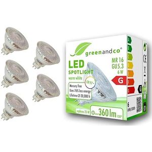 5x greenandco® CRI97+ 2700K 110° LED-spot vervangt 25W GU5.3 MR16, 6W 360lm warm wit 12V AC/DC, flikkervrij, niet-dimbaar
