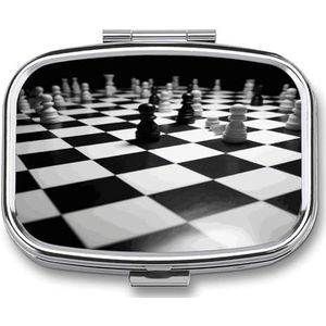 Zwart Wit Schaken Dambord Pillendoos Pil Organizer Pil Case 2 Compartiment Geneeskunde Pil Organizer Kleine Pil Case Pil Container Pil Houder Leuke Pillendoos Mini Pil Case