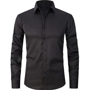 OHXSM Herenhemd met lange mouwen, effen, casual, business, klassieke kraag, formeel hemd voor heren, lange mouwen, stretch, eenkleurig, business, casual, button-down-overhemd, revershemd, slim fit, button-down-hemd, G-zwart., 3XL