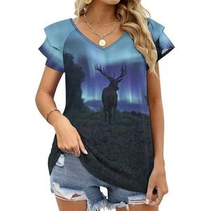 Red Deer Stag Prachtige Northern Lights Grafische Blouse Top Voor Vrouwen V-hals Tuniek Top Korte Mouw Volant T-shirt Grappig