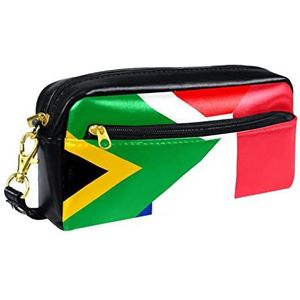Kleine make-uptas voor dames,lederen make-uptasje,cosmetische reistas,Vlag van Frankrijk en Zuid-Afrika Afdrukken