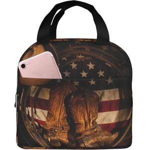 Amerikaanse vlag met cowboylaarzen print lunchtas geïsoleerde lunchbox tas herbruikbare draagtas voor vrouwen mannen werk kantoor reizen