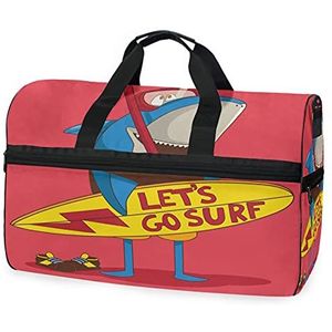 Surfen Cartoon Haai Sport Zwemmen Gym Tas met Schoenen Compartiment Weekender Duffel Reistassen Handtas voor Vrouwen Meisjes Mannen