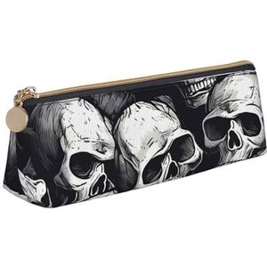 Dwrepo Lederen etui voor vrouwen mannen potlood tas met rits draagbare etui schedels patroon pen tas kleine make-up tas munt zakje voor werk kantoorbenodigdheden