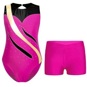 NUOYIXUAN Gymnastiekpak voor meisjes en jongens, tentoonstellingsbody, patchwork, metallic, mouwloos skating-body met shorts (roze, 14)