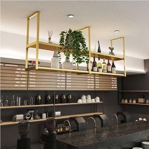 Plafondplank - Plafond hangend wijnrek, 2 niveaus drijvende hangende opbergplank, metalen plafond wijnrek, industriële plafondgemonteerde plantenstandaard, keuken/restaurant/bar displaystandaard