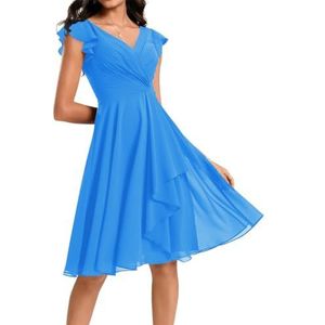 Chiffon bruidsmeisjesjurk met zakken voor dames, prinsessenjurk, baljurk, plooien, cocktailjurk, grote maten, Blauw, 32