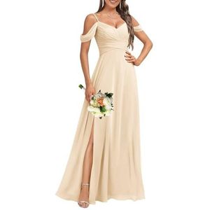 HPPEE Dames koude schouder V-hals chiffon bruidsmeisjes jurken met split geplooide formele jurk avondjurk, Champagne, 32