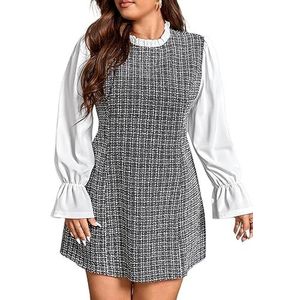 voor vrouwen jurk Plus Tweed-jurk met geruite volantmouwen en ruches aan de hals (Color : Black and White, Size : XL)