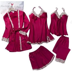 MdybF Kanten Patchwork Slaapkamerjurk 5 Stuks Nachtkleding Kimono Badjurk Satijn Lady Nighty & Jurk Suit Home Kleding Witte Bruiloft Jurk, Bordeaux jurkset 1, XXL