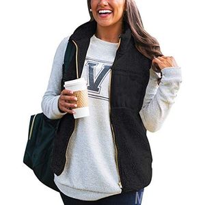 Dames Fuzzy Sherpa Fleece Warm Open Front Jacket Vest Mouwloos Vest Rits Vest Met Zakken - zwart - M