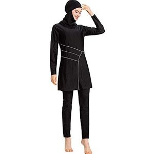 Linke Moslimbadpak voor dames, 3-delig volledig pak, hijab-badmode, islamitisch badpak, maat S-6XL, F-zwart, XXL