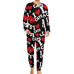 I Love Cats And Coffee pyjama voor heren, loungewear met lange mouwen, top en onderkant, 2-delige nachtkleding