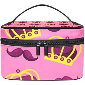 Crown Rose Pink Moustache Carnival Festival Patroon Make-up Organizer Bag, Reizen Make-up Tas Organizer Case Draagbare Cosmetische Tas voor Vrouwen en Meisjes Toiletartikelen, Meerkleurig, 22.5x15x13.8cm/8.9x5.9x5.4in