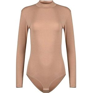 Evoni Damesbody met lange mouwen, ondoorzichtige bodysuit met halve kraag voor vrouwen, body met lange mouwen van katoen, bodyshaper, jumpsuit, lichtbruin, S