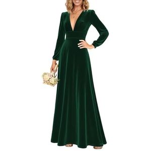 Fluwelen bruidsmeisjesjurk met mouwen, diepe V-hals, formele avondjurk, Emerald Groen, 32