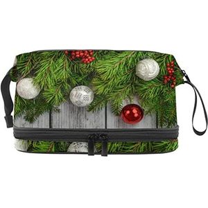 Make-up tas - grote capaciteit reizen cosmetische tas, kerstbal kerstboom grijze houten textuur, Meerkleurig, 27x15x14 cm/10.6x5.9x5.5 in