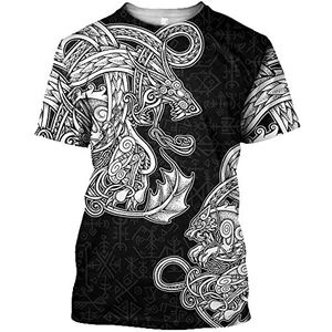 Zomer Heren Viking Korte Mouw, Noorse Mythe Fenrir Tattoo Gedrukt T-shirt Ronde Hals Casual Tops, Unisex Vintage Mode Kraai Grafische Hip Hop Streetwear