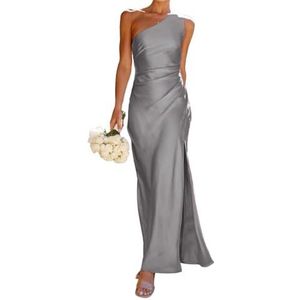 WSEYU Een schouder bruidsmeisjes jurken lange satijnen zeemeermin prom jurk geplooide formele feestjurk met split, Grijs, 38