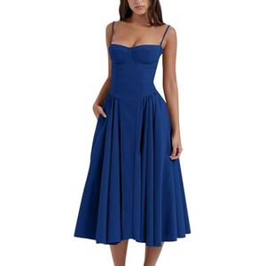 Spaghetti strap a line dress, Sexy Summer Dress for Women, Elegant Corset Fit Sleeveless Midi Dress, Pleated Party Dresses (L,Dark Blue)